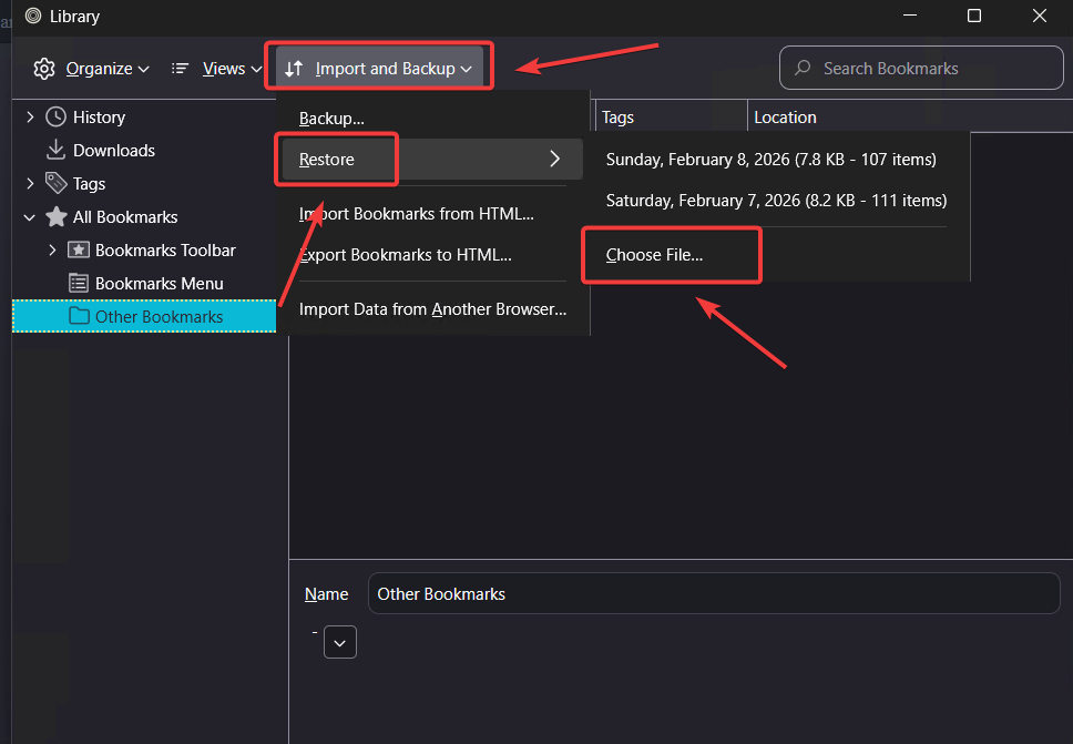 Bookmarks Import Dialog